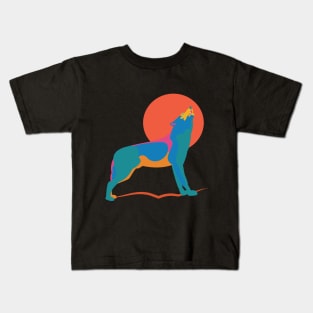 Vibrant Wolf Howling at a Huge Red Orange Moon Kids T-Shirt